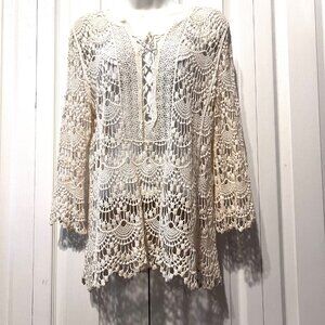 Forgotten Grace-100% Cotton Women's Boho/Hippie Top-Cream-Med-Lace Up-Lace Scall